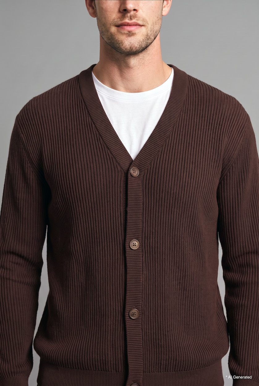 رجال بني Standard Fit Basic Button-Up V-Neck Knit Cardigan