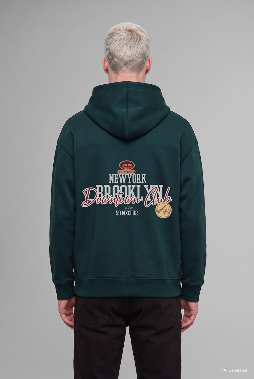 Erkek Koyu Yeşil Boxy Fit Sırt Baskılı Hırka