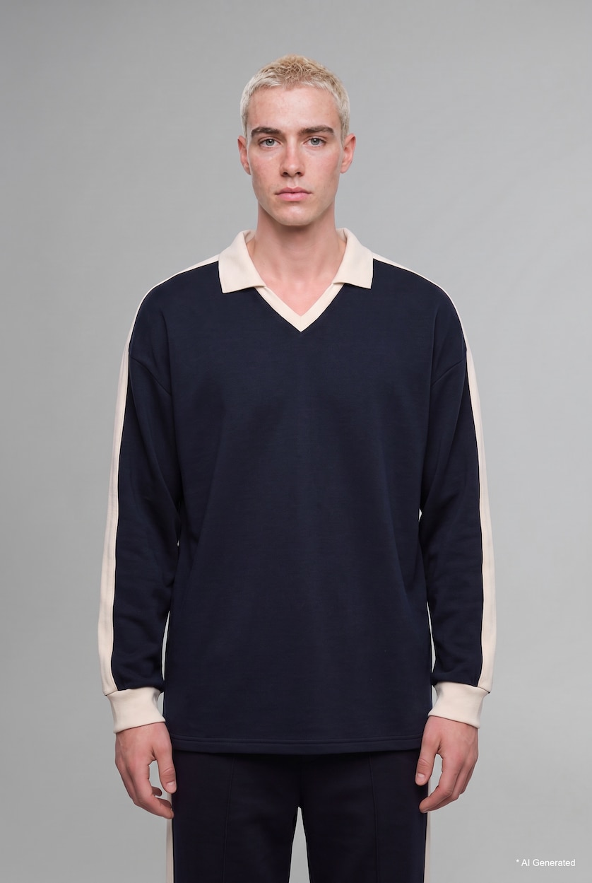 Erkek Lacivert Boxy Fit Şeritli Polo Yaka Basic Sweatshirt