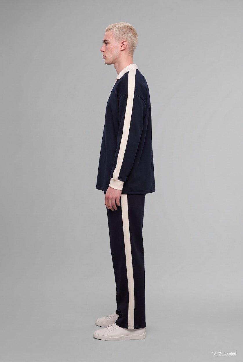 Erkek Lacivert Boxy Fit Şeritli Polo Yaka Basic Sweatshirt