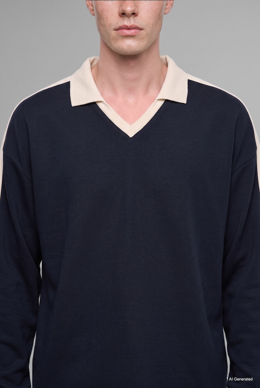 Erkek Lacivert Boxy Fit Şeritli Polo Yaka Basic Sweatshirt