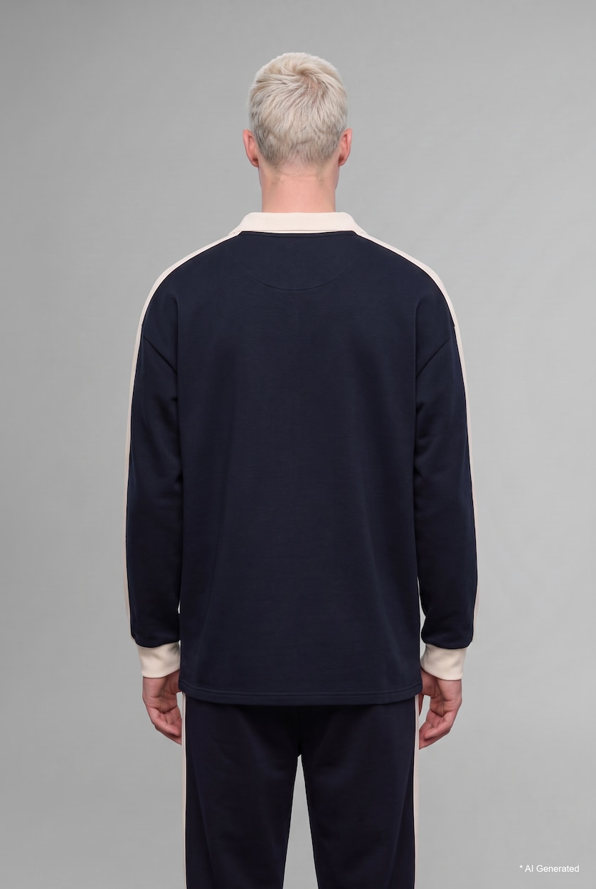 Erkek Lacivert Boxy Fit Şeritli Polo Yaka Basic Sweatshirt