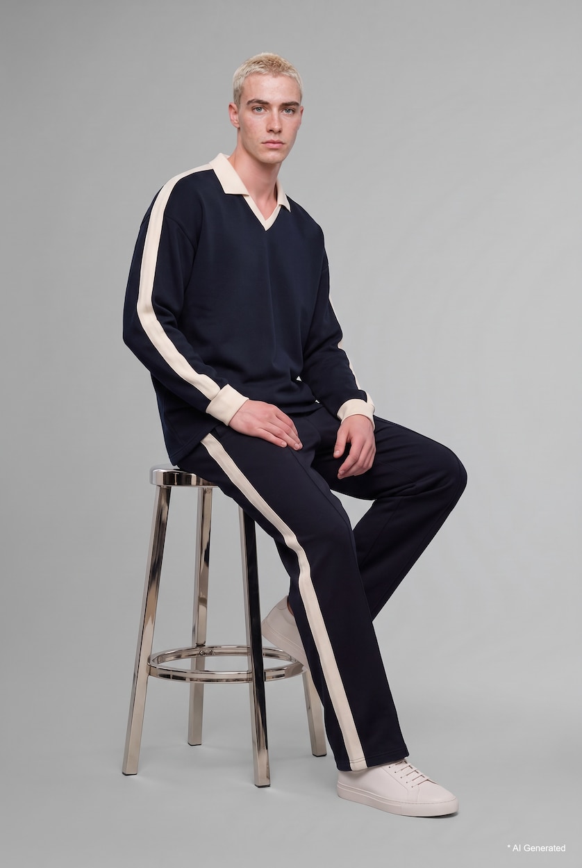 Erkek Lacivert Boxy Fit Şeritli Polo Yaka Basic Sweatshirt