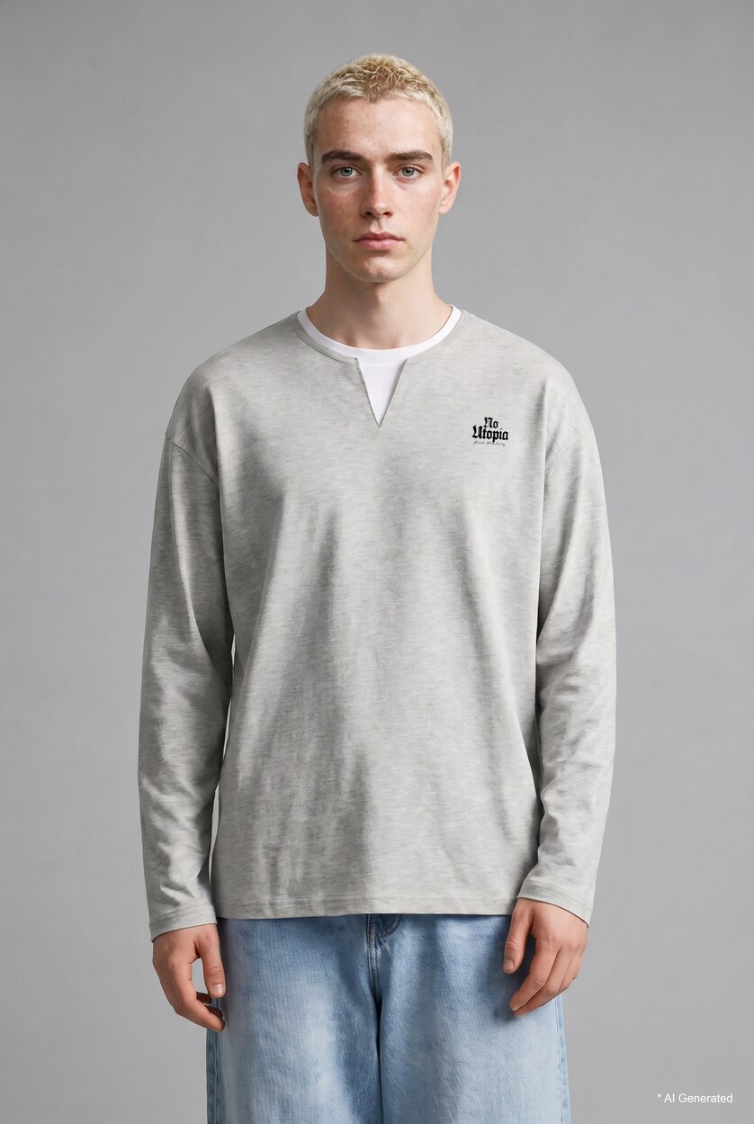 MAN Grey Melange Boxy Fit Crew Neck Printed Sweatshirt