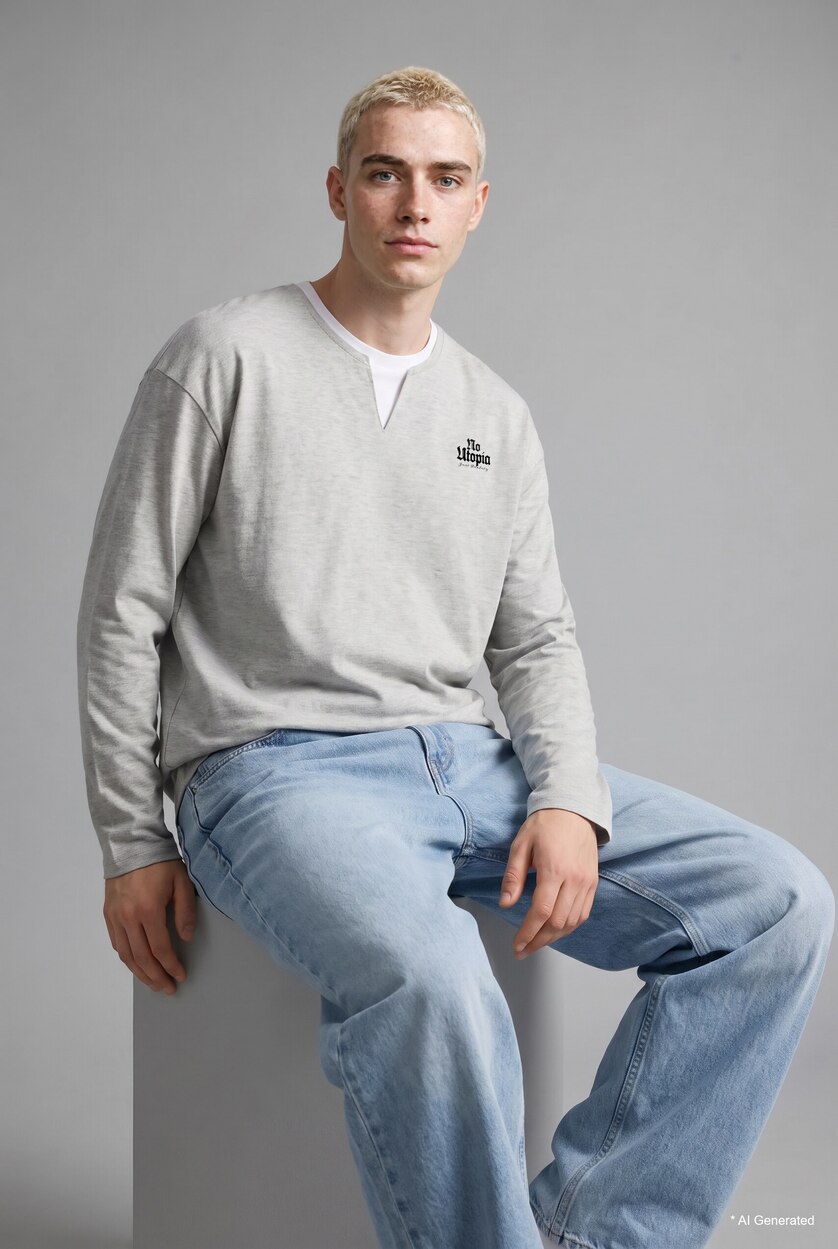 MAN Grey Melange Boxy Fit Crew Neck Printed Sweatshirt