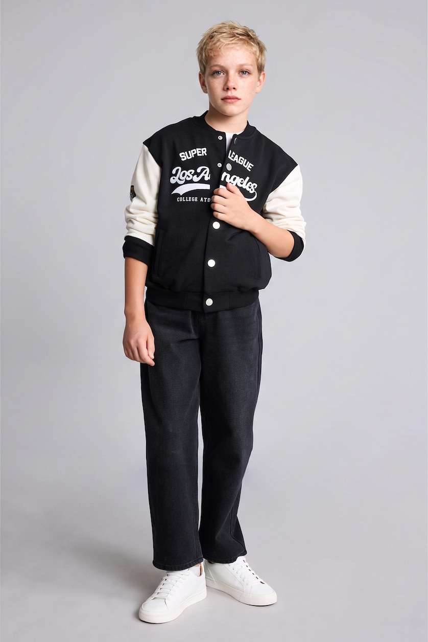 Young Boys - Teen Boys Black Oversize Fit Crew Neck Cardigan Slogan