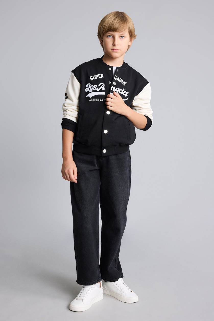 Boys & Teens Black Boys Printed Snap-Button Varsity Collar Cardigan