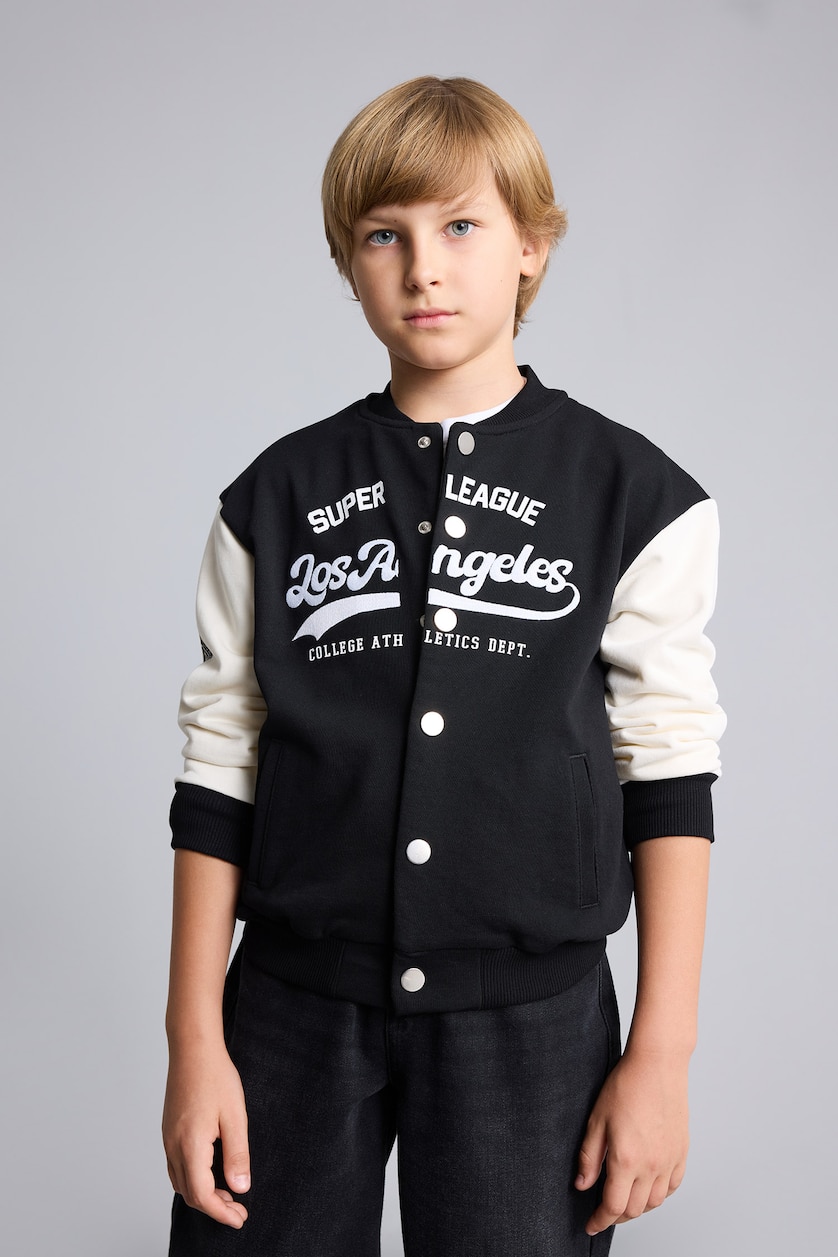 Boys & Teens Black Boys Printed Snap-Button Varsity Collar Cardigan