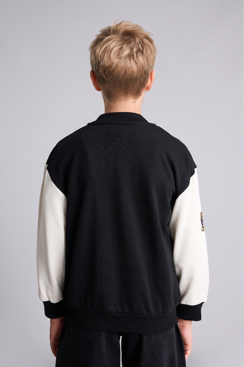 Young Boys - Teen Boys Black Oversize Fit Crew Neck Cardigan Slogan