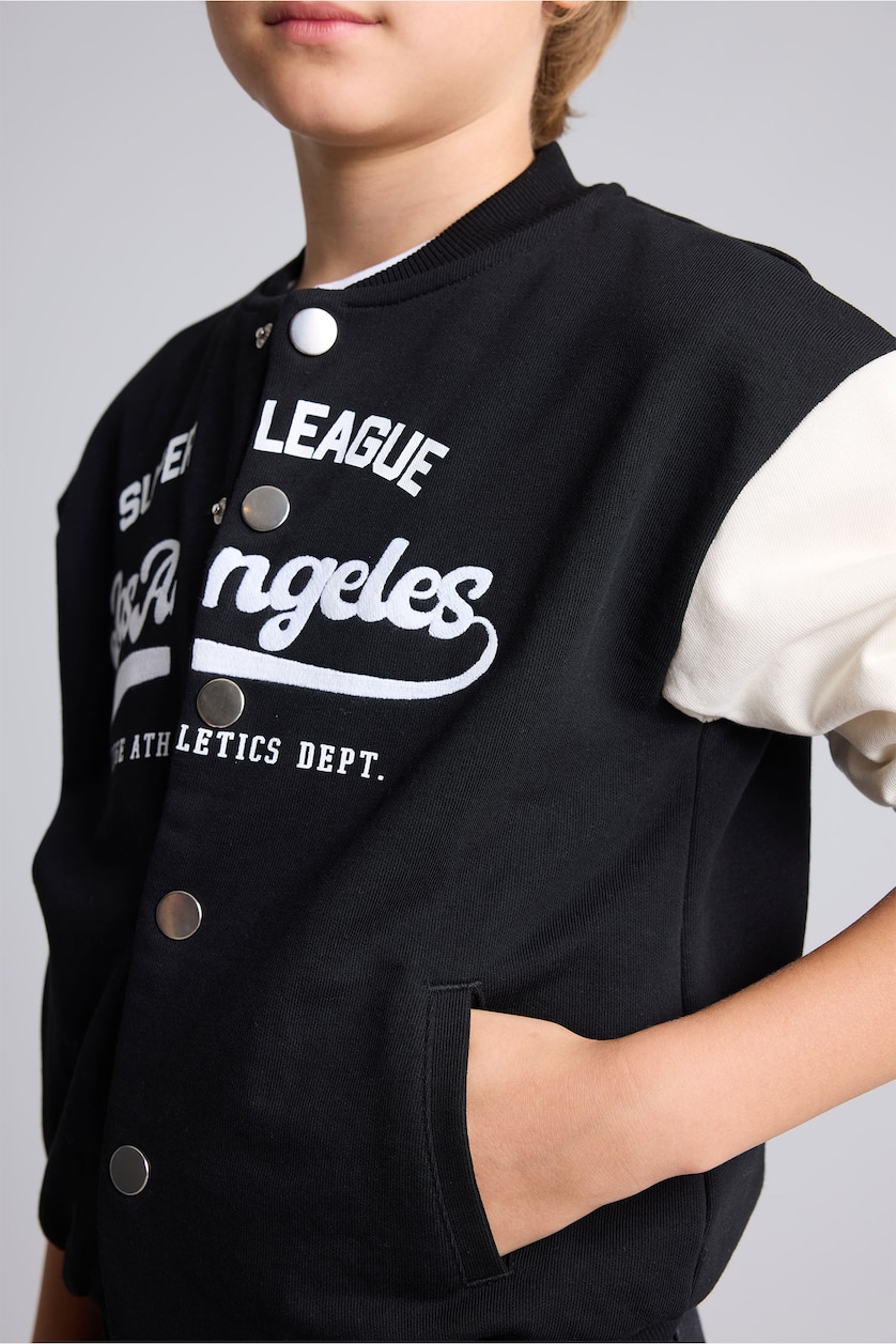 Boys & Teens Black Boys Printed Snap-Button Varsity Collar Cardigan
