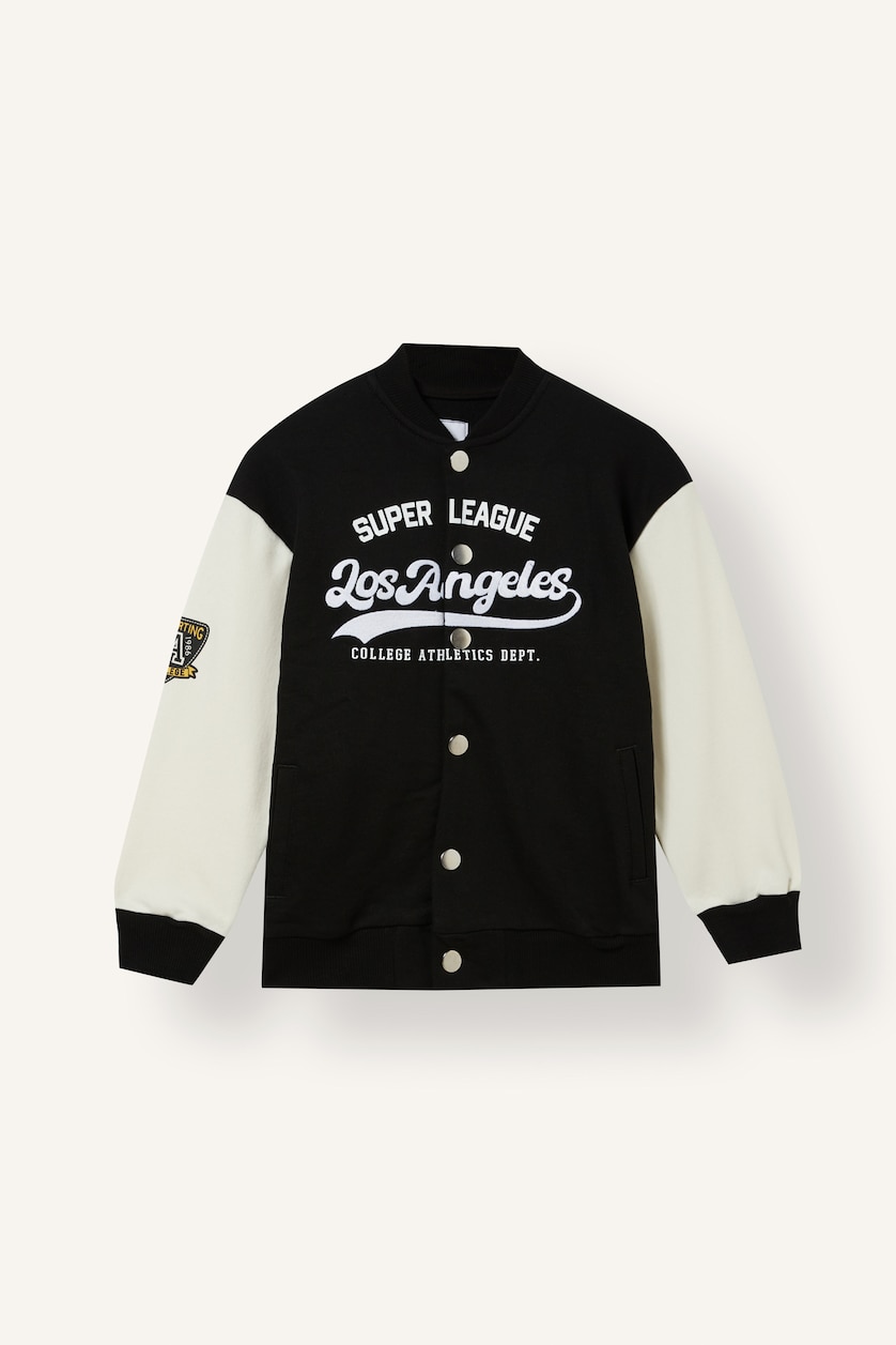 BOYS & TEENS Black Boy Printed Snap-Button Varsity Collar Cardigan