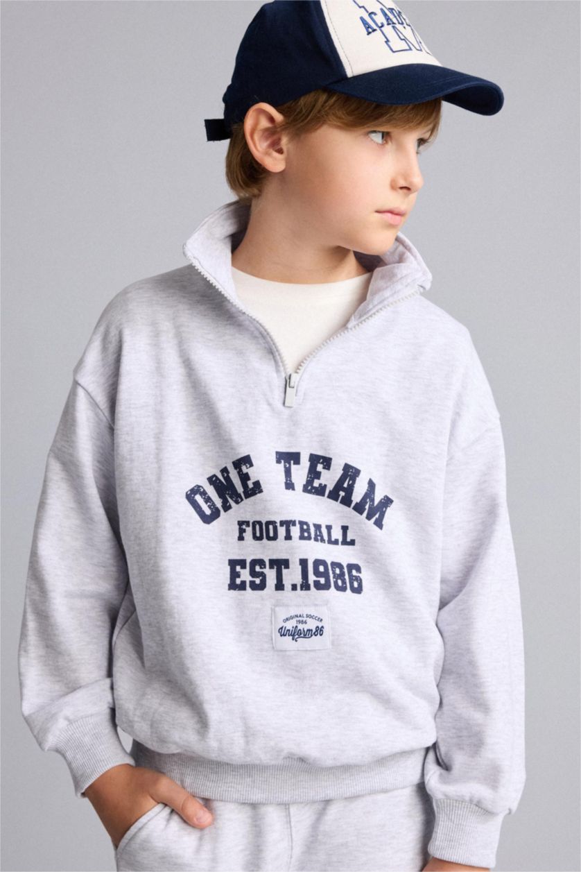 Erkek Çocuk - Genç Erkek Optik Gri Melanj Regular Fıt Dik Yaka Baskılı Sweatshirt Erkek Çocuk