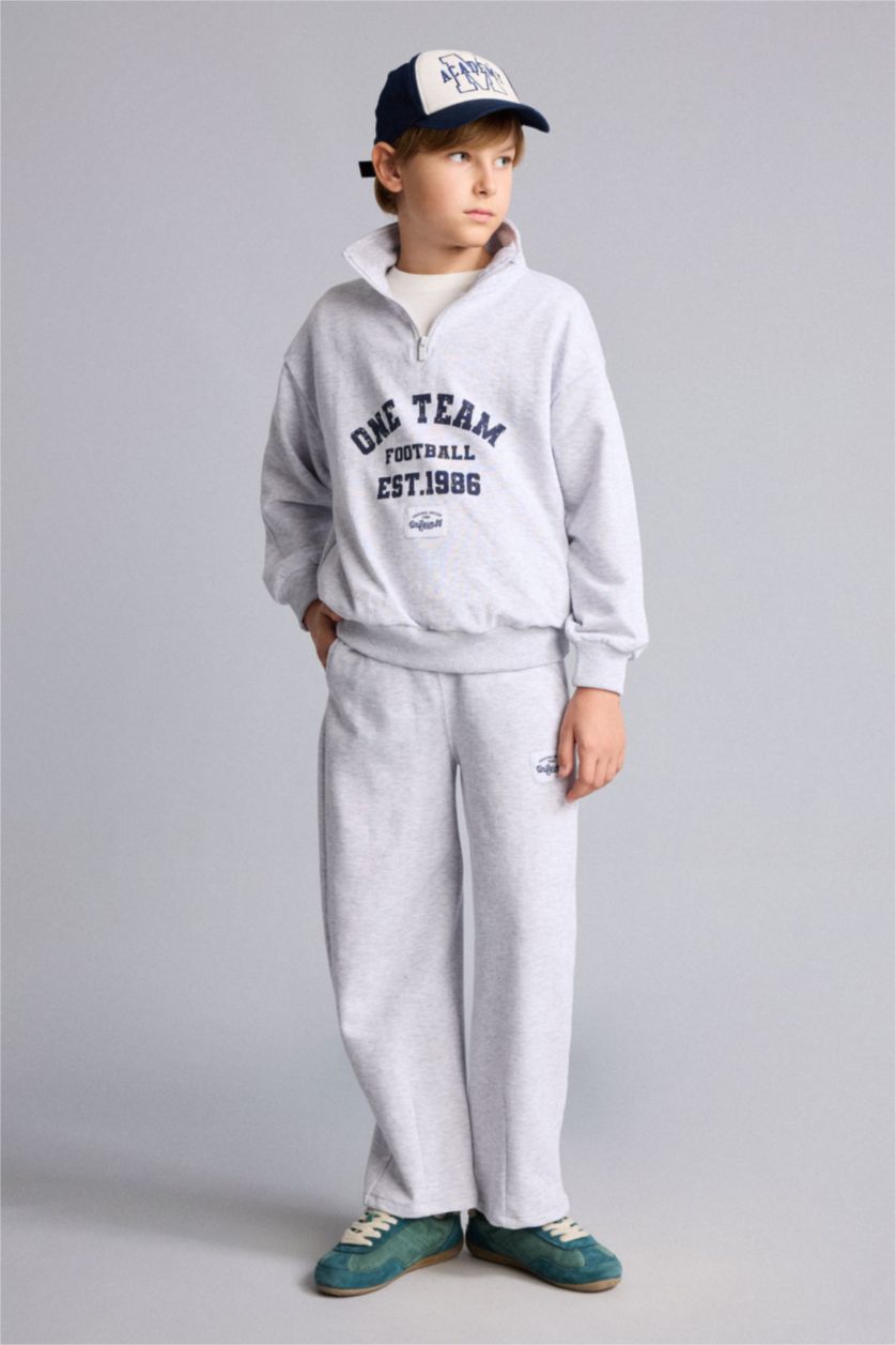 Erkek Çocuk - Genç Erkek Optik Gri Melanj Regular Fıt Dik Yaka Baskılı Sweatshirt Erkek Çocuk