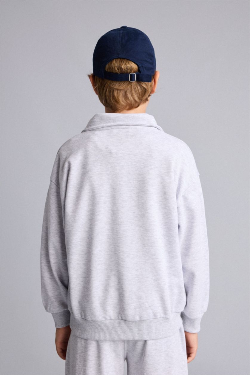 Erkek Çocuk - Genç Erkek Optik Gri Melanj Regular Fıt Dik Yaka Baskılı Sweatshirt Erkek Çocuk