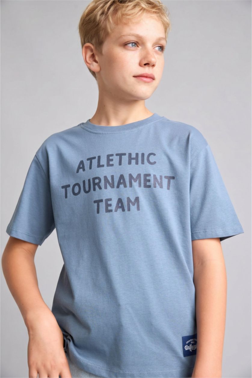 Young Boys - Teen Boys Blue New Regular Fit Slogan Short Sleeve T-Shirt
