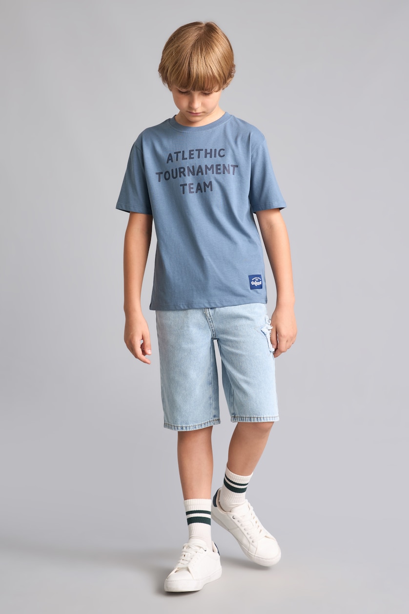 Young Boys - Teen Boys Blue Boy Regular Fit 100% Cotton Blue Printed Short Sleeve T-Shirt