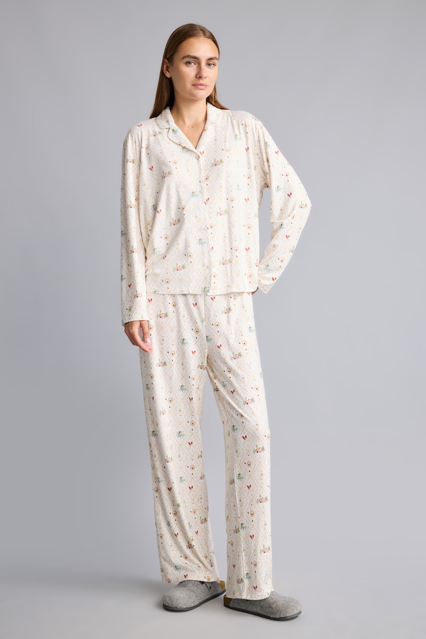 Kadın Ekru Regular Fit Desenli 2'li Pijama Takımı