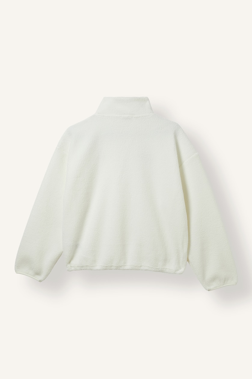 Women White Loose Fit Half-Zip Embroidered Fleece Sweatshirt