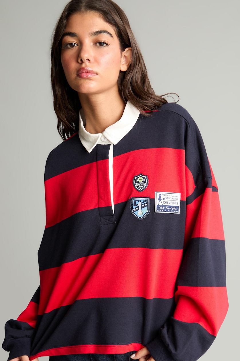 Woman Red Loose Fit Color Block Embroidered Polo Neck Sweatshirt