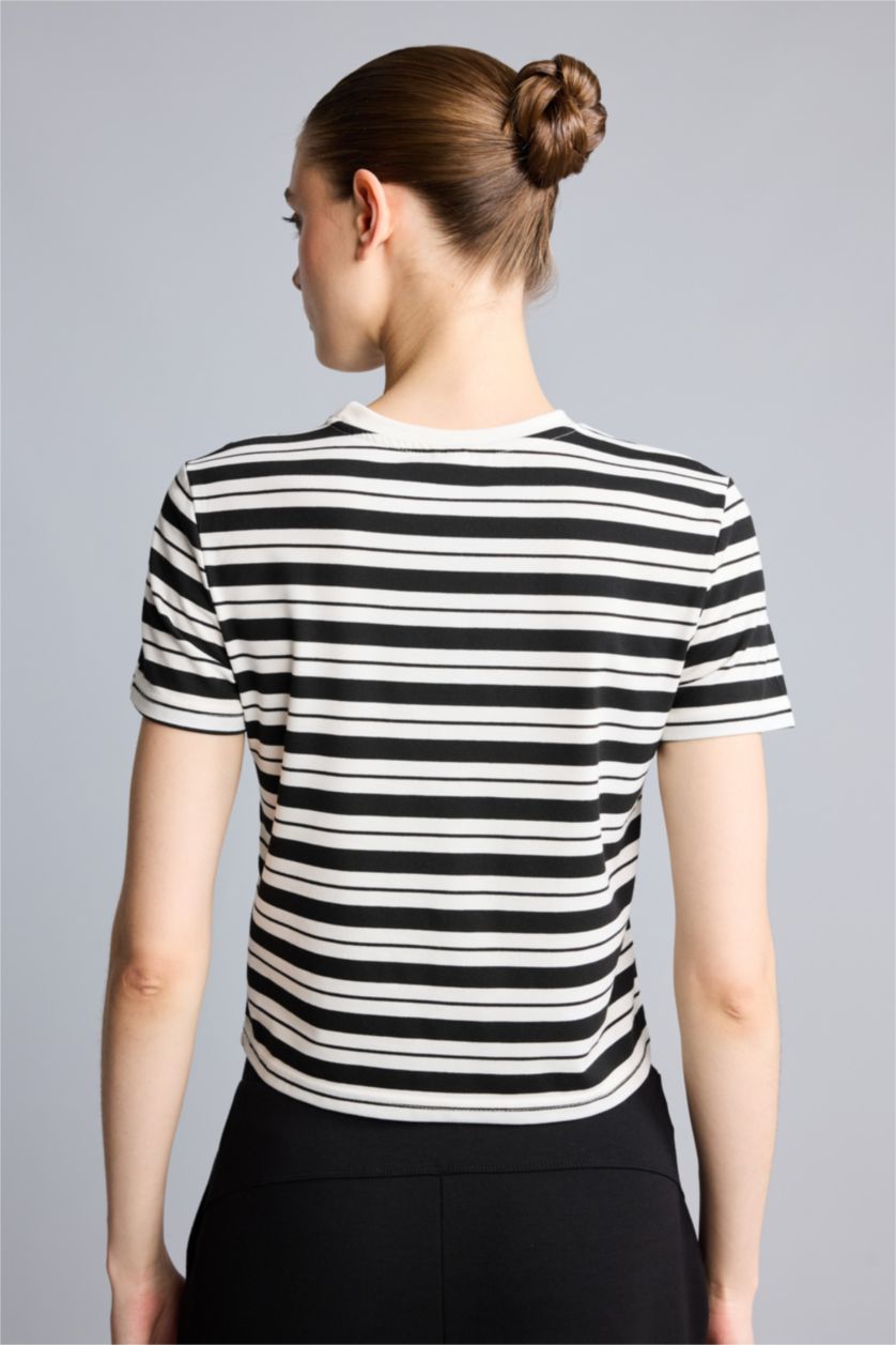 Kadın Siyah Slim Fit Çizgili Tişört