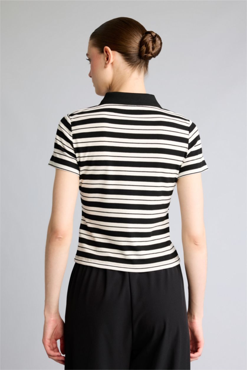 Kadın Siyah Slim Fit Fitilli Polo Tişört