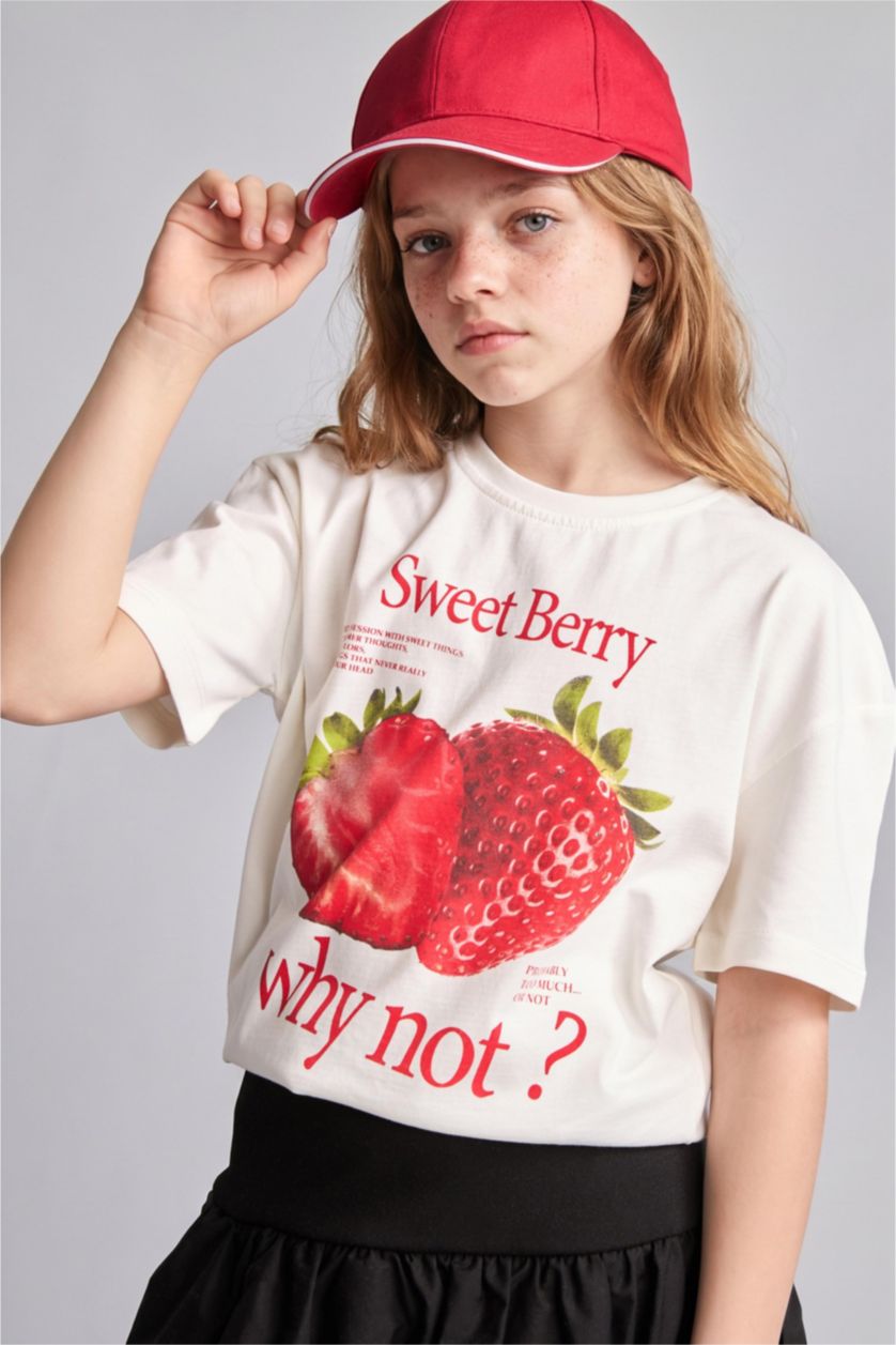 Young Girls - Teen Girls Ecru Regular Fit Floral Short Sleeve T-Shirt