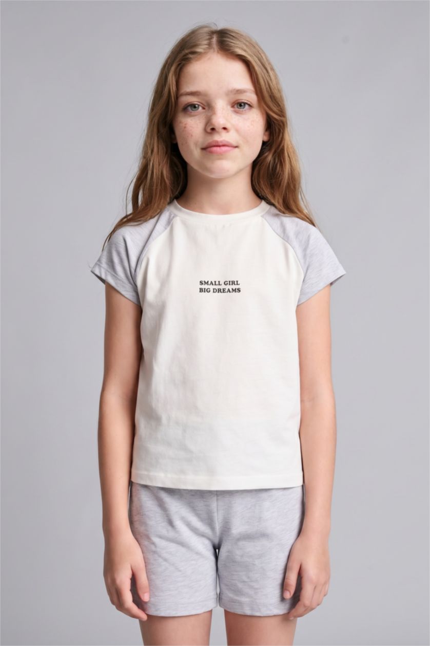 GIRLS & TEENS Light Grey Melange طقم بناتي ريبانا مضلع قصة عادية - قطعتين