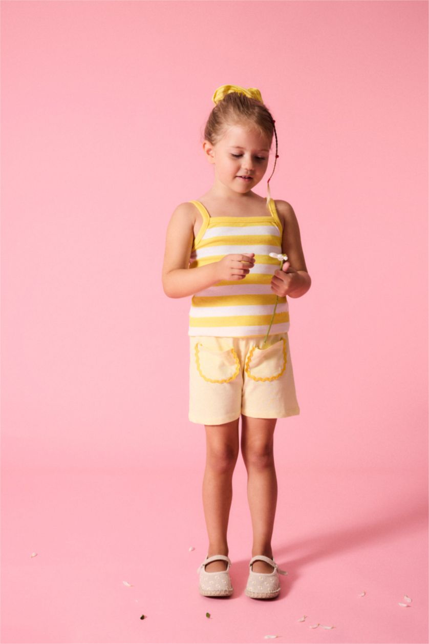 طفلة صغيرة أصفر فاتح Baby Girl Ribbed Striped Strappy Top Shorts 2 Piece Set