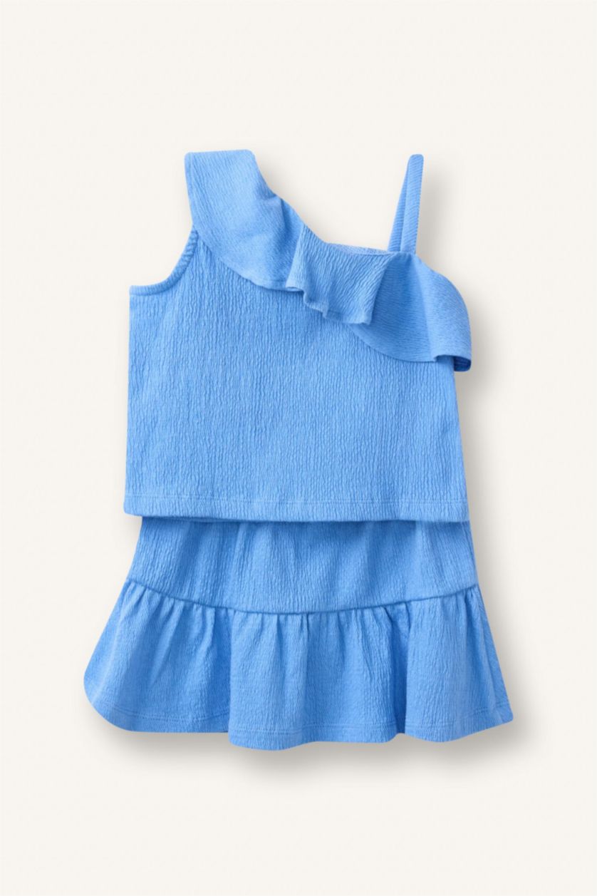 BABY GIRL Blue طقم بيبي بناتي قماش مجعد قصة عادية - قطعتين