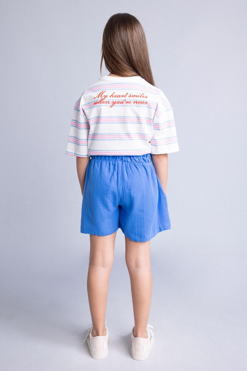 Young Girls - Teen Girls Blue Girl 100% Cotton Muslin Stretch Waist Shorts