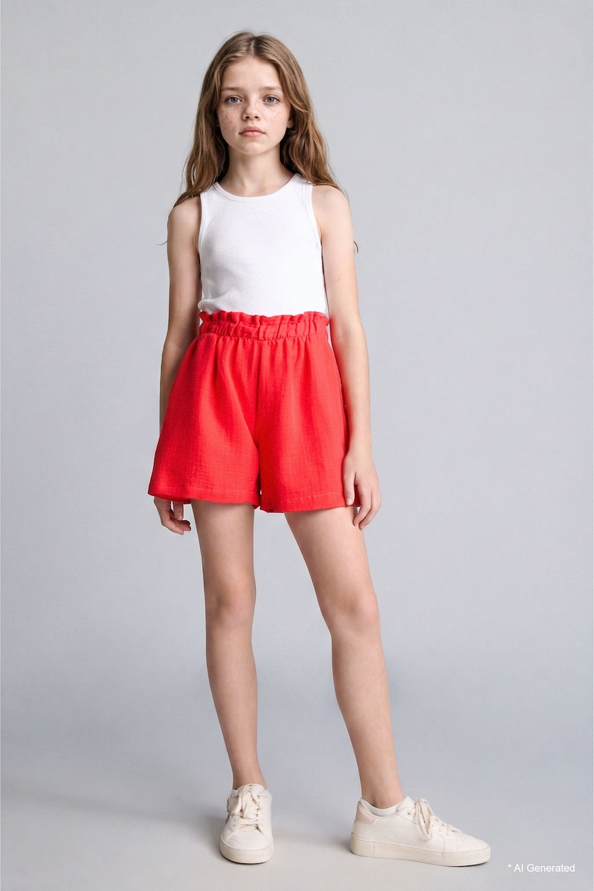 Girls & Teens Light Red Girl Stretch Waist 100% Cotton Muslin Shorts