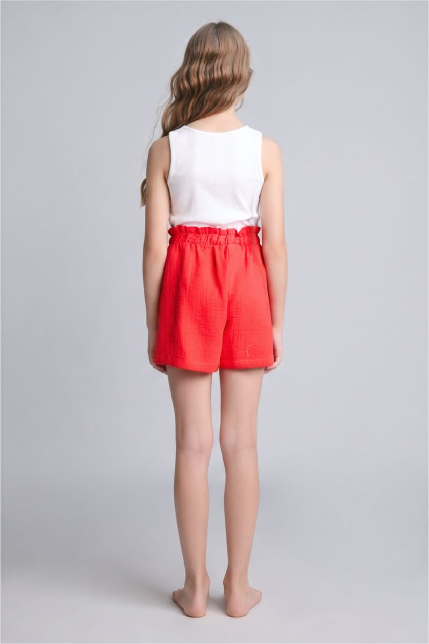 Young Girls - Teen Girls Light Red Girl Stretch Waist 100% Cotton Muslin Shorts