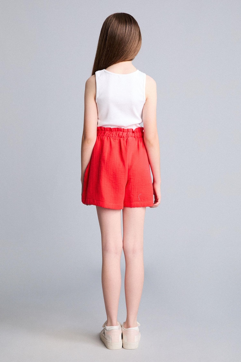 Young Girls - Teen Girls Light Red Girl Stretch Waist 100% Cotton Muslin Shorts