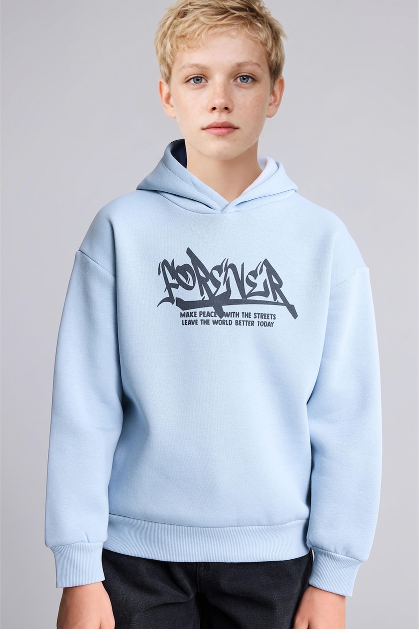 Erkek Çocuk - Genç Erkek Mavi Baskılı Kapüşonlu Oversize Sweatshirt Erkek Çocuk