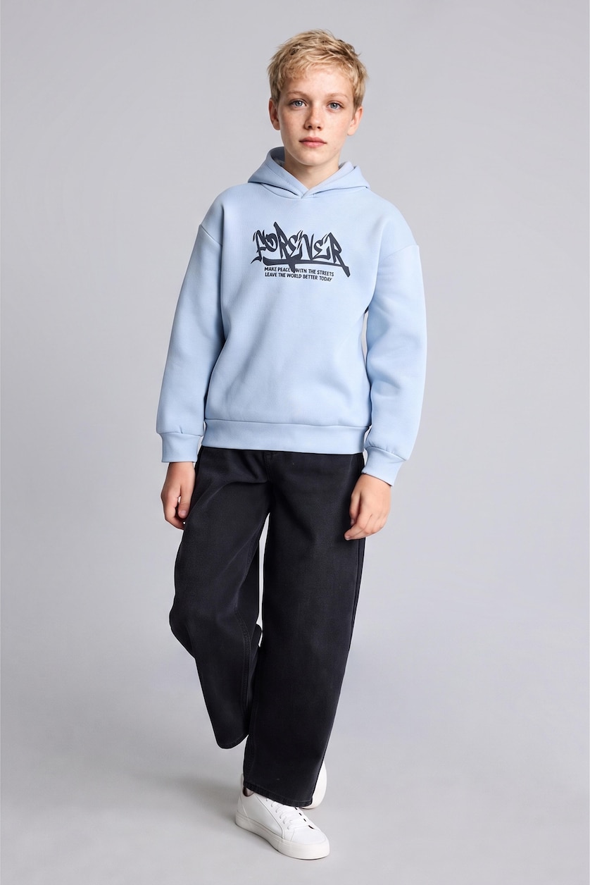 Erkek Çocuk - Genç Erkek Mavi Baskılı Kapüşonlu Oversize Sweatshirt Erkek Çocuk