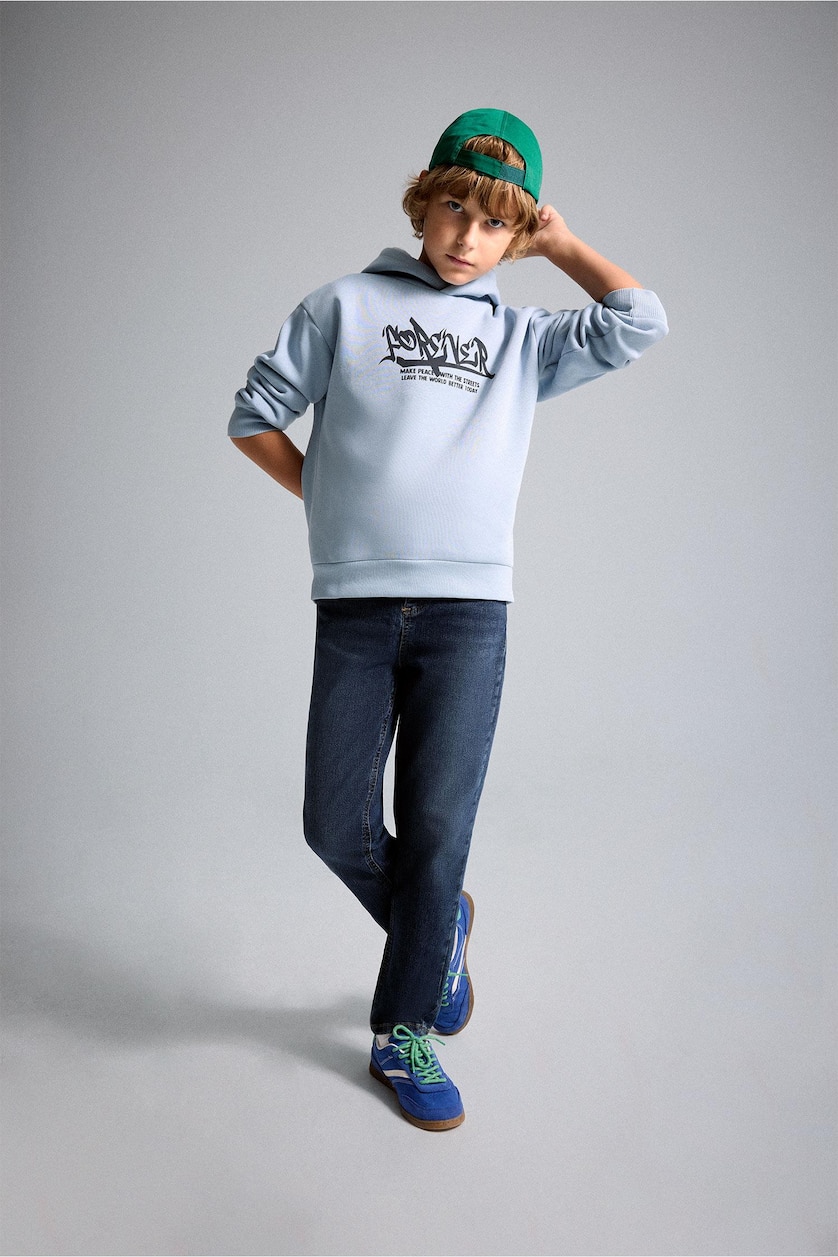 Young Boys - Teen Boys Blue Boy Oversize Fit Hooded Printed Soft Fleece Sweatshirt