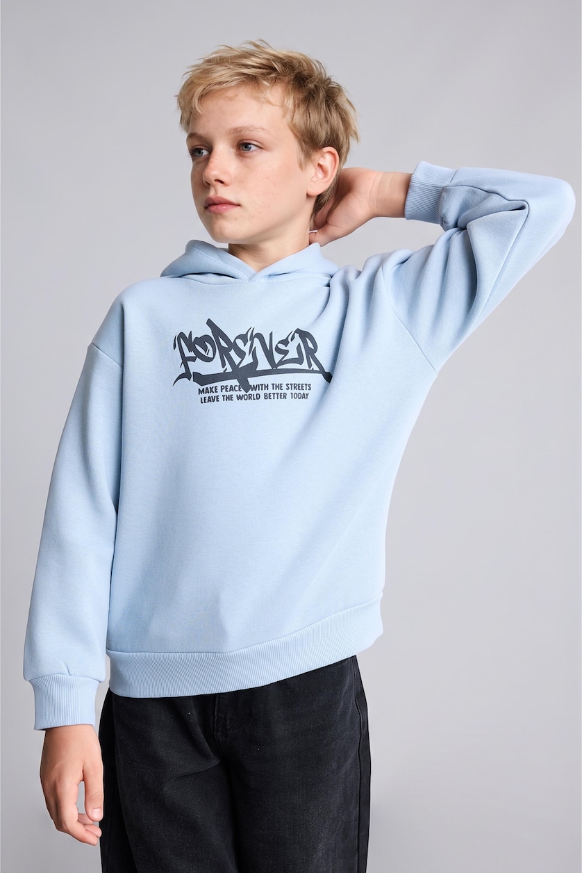 Erkek Çocuk - Genç Erkek Mavi Baskılı Kapüşonlu Oversize Sweatshirt Erkek Çocuk