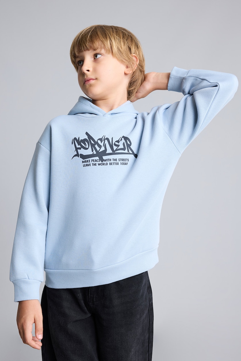 أولاد أزرق Boy Oversize Fit Hooded Printed Soft Fleece Sweatshirt