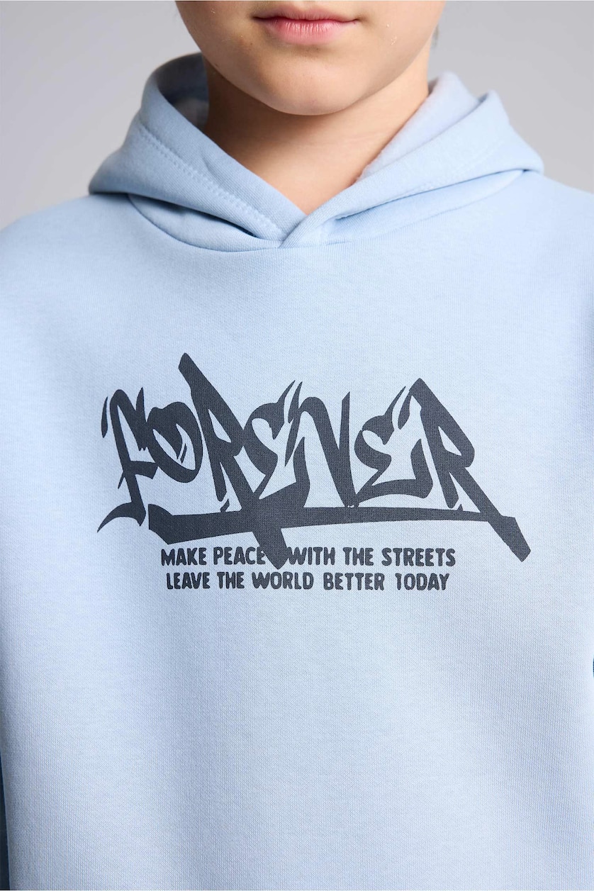 Erkek Çocuk - Genç Erkek Mavi Baskılı Kapüşonlu Oversize Sweatshirt Erkek Çocuk