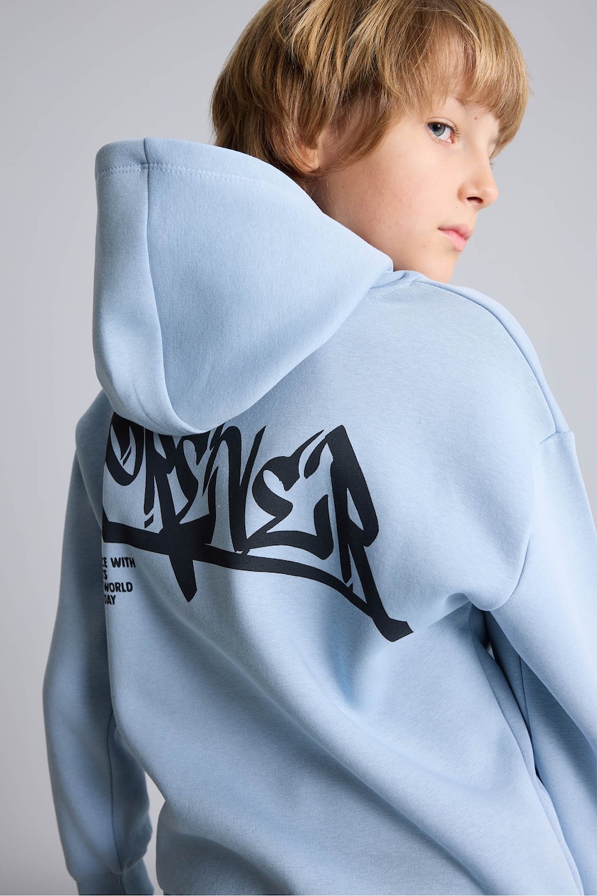 أولاد أزرق Boy Oversize Fit Hooded Printed Soft Fleece Sweatshirt