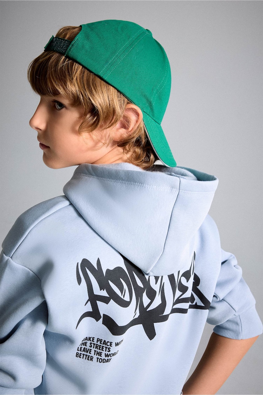 Young Boys - Teen Boys Blue Boy Oversize Fit Hooded Printed Soft Fleece Sweatshirt