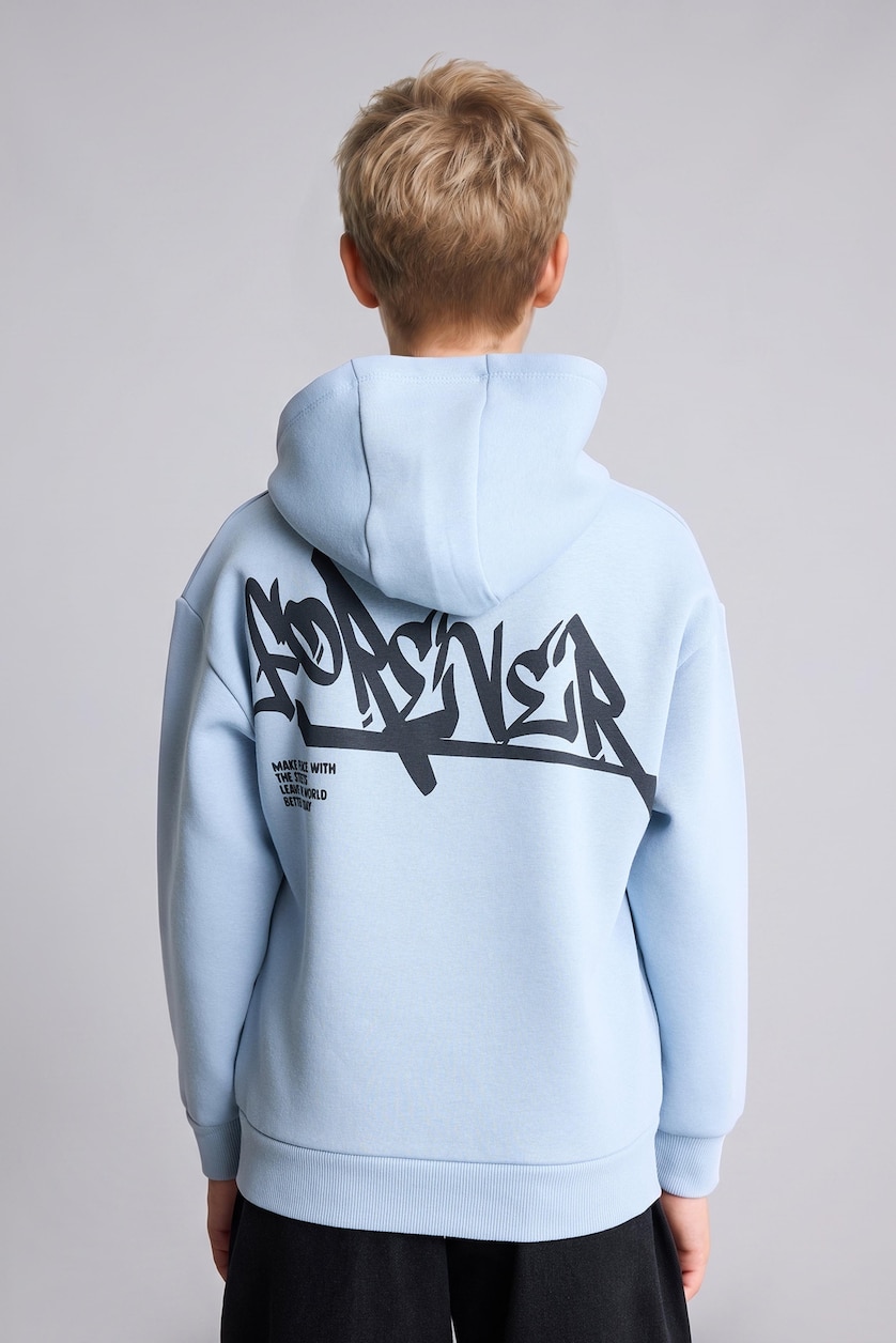Erkek Çocuk - Genç Erkek Mavi Baskılı Kapüşonlu Oversize Sweatshirt Erkek Çocuk