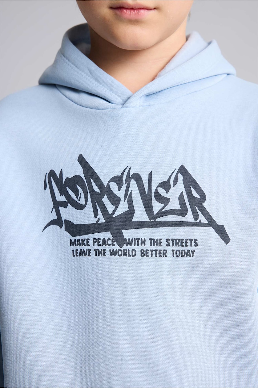 أولاد أزرق Boy Oversize Fit Hooded Printed Soft Fleece Sweatshirt