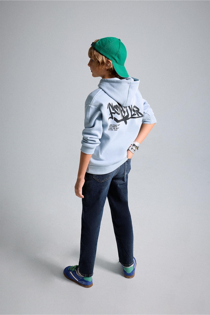 Young Boys - Teen Boys Blue Boy Oversize Fit Hooded Printed Soft Fleece Sweatshirt