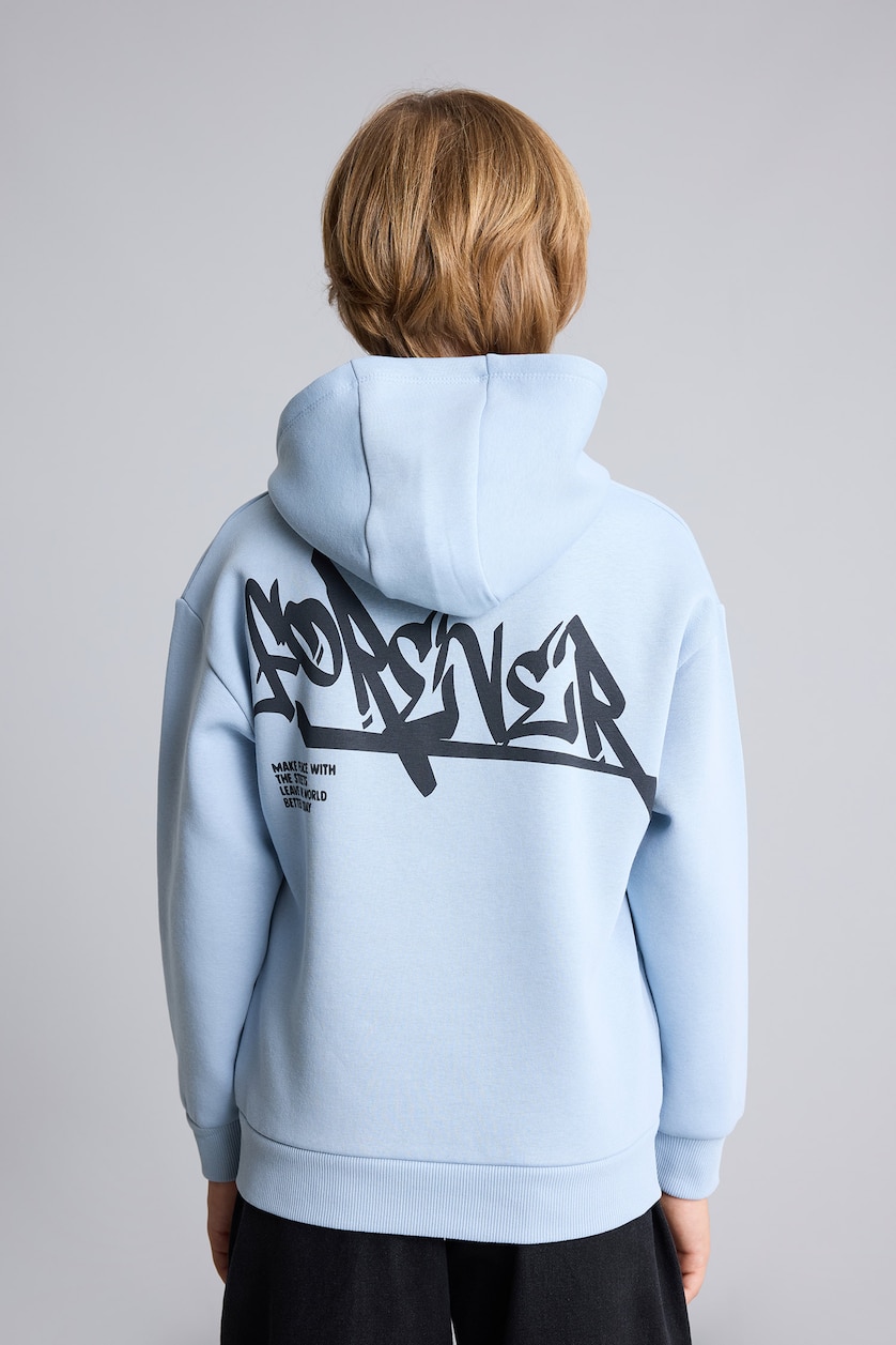 أولاد أزرق Boy Oversize Fit Hooded Printed Soft Fleece Sweatshirt