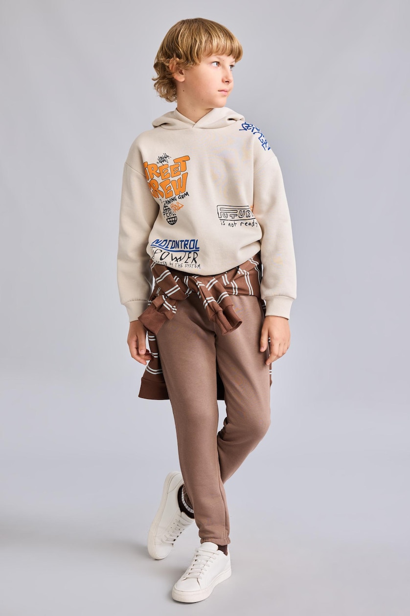 Erkek Çocuk - Genç Erkek Bej Baskılı Oversize Sweatshirt Erkek Çocuk