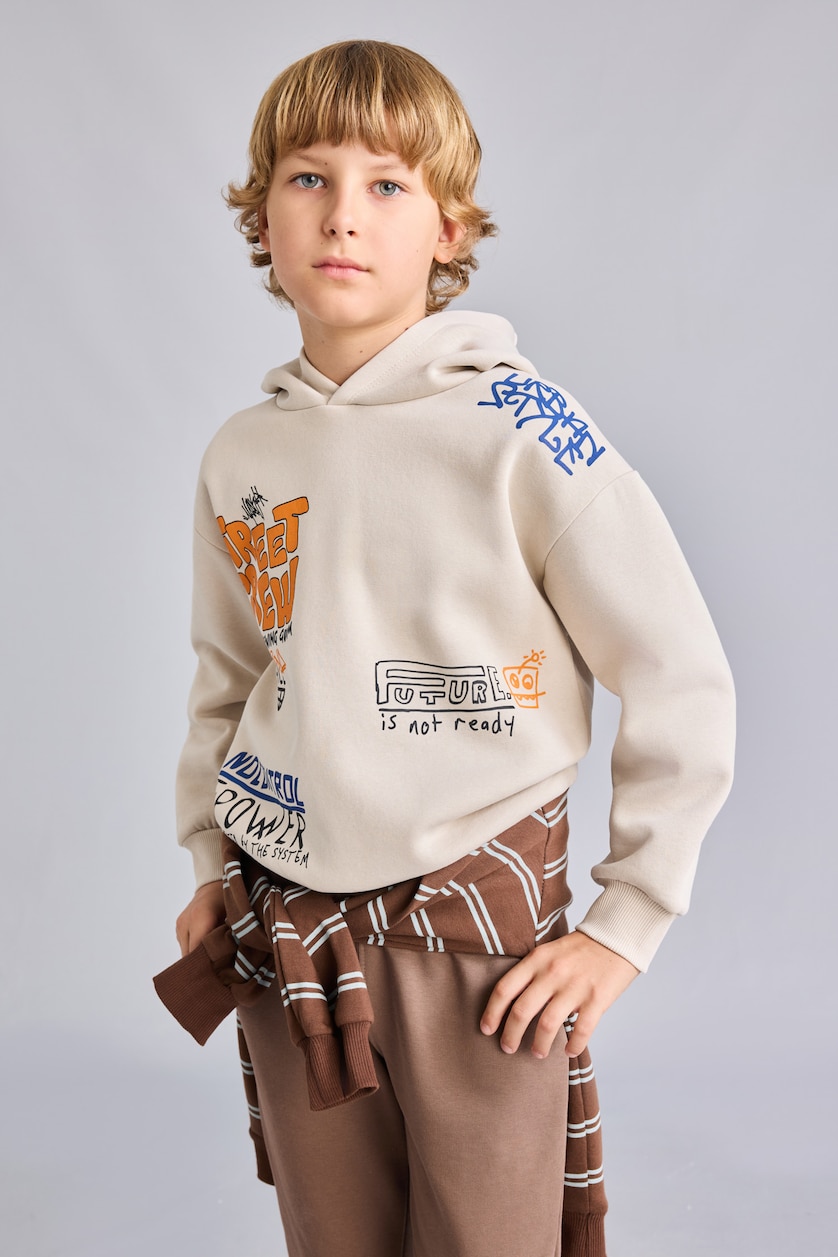 Erkek Çocuk - Genç Erkek Bej Baskılı Oversize Sweatshirt Erkek Çocuk