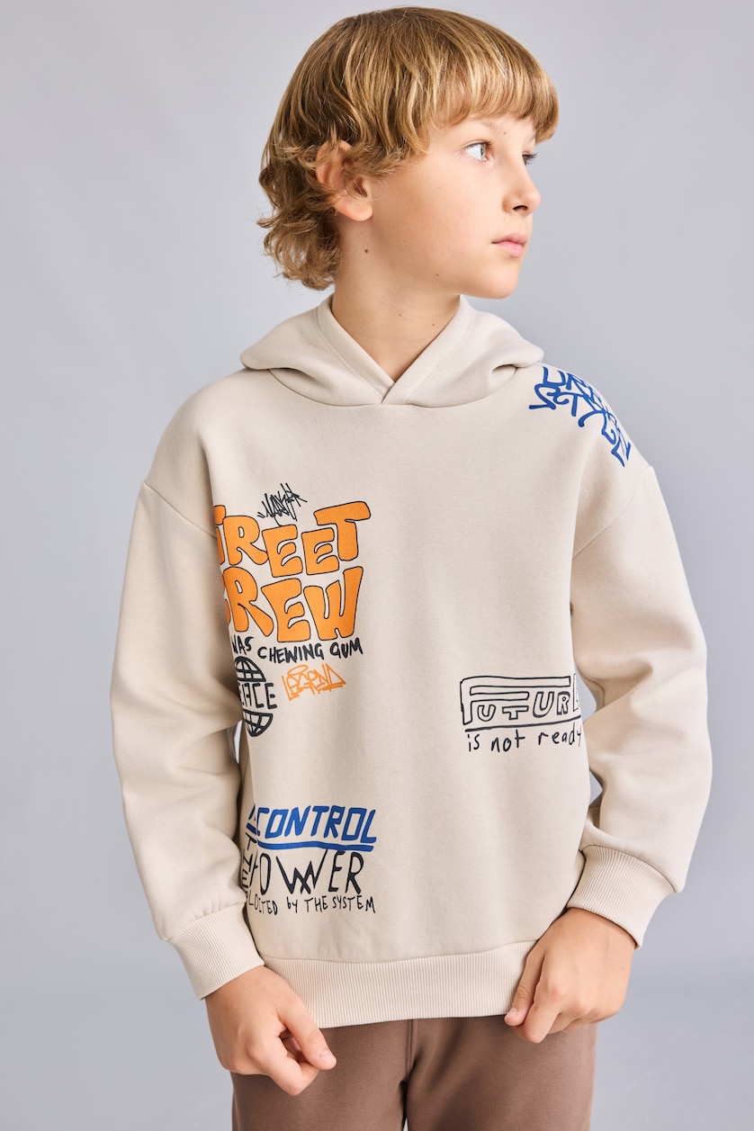 Erkek Çocuk - Genç Erkek Bej Baskılı Oversize Sweatshirt Erkek Çocuk