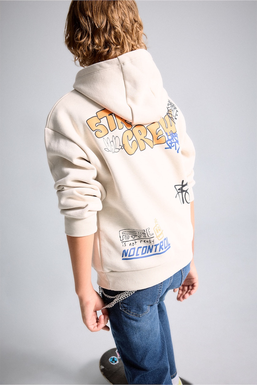 Young Boys - Teen Boys Beige Boy Oversize Fit Hooded Printed Soft Fleece Sweatshirt