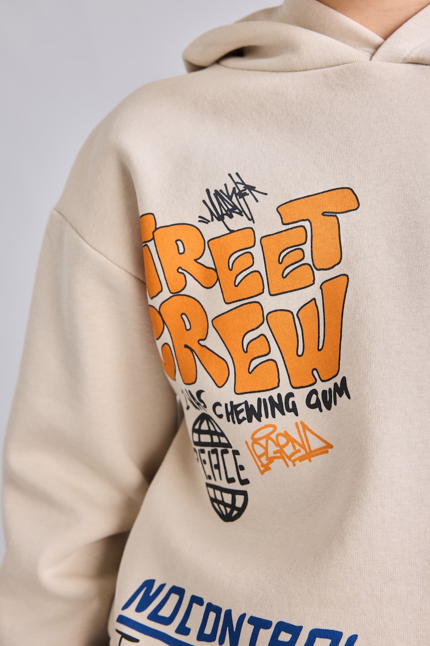 Erkek Çocuk - Genç Erkek Bej Baskılı Oversize Sweatshirt Erkek Çocuk